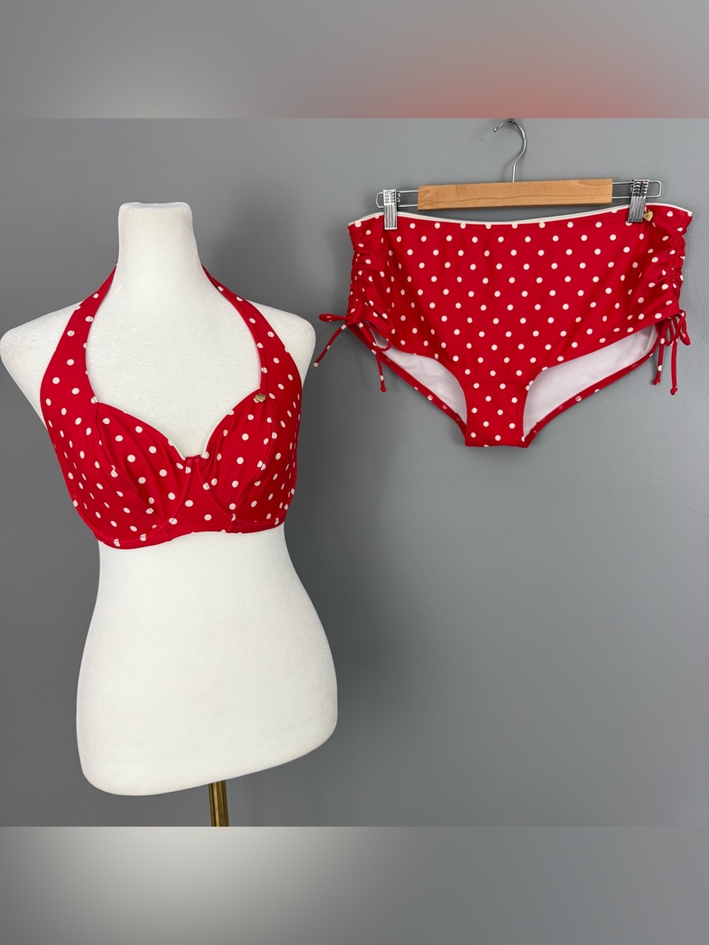 Figleaves Bikini Set 32E 12 Red White Polka Dot Halter Neck Bra Ruched Tie Brief